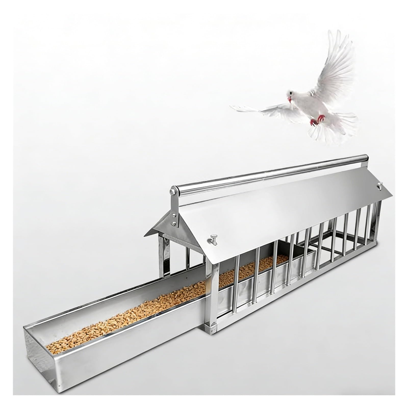 Comedero extraíble de acero inoxidable, dispensador de alimentos para aves de corral con cubierta de lluvia y barra transversal giratoria, sin peleas, sin residuos