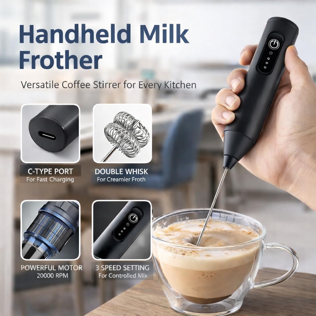 Electric Milk Frother Handheld,USB Rechargeable Coffee Frother Wand with 3 Speed Settings,Stainless Steel Whisk, Fast Recharge,Type-C Charging,for Coffee,Cappuccino,Latte,Matcha,Protein Shake(asorted) 2