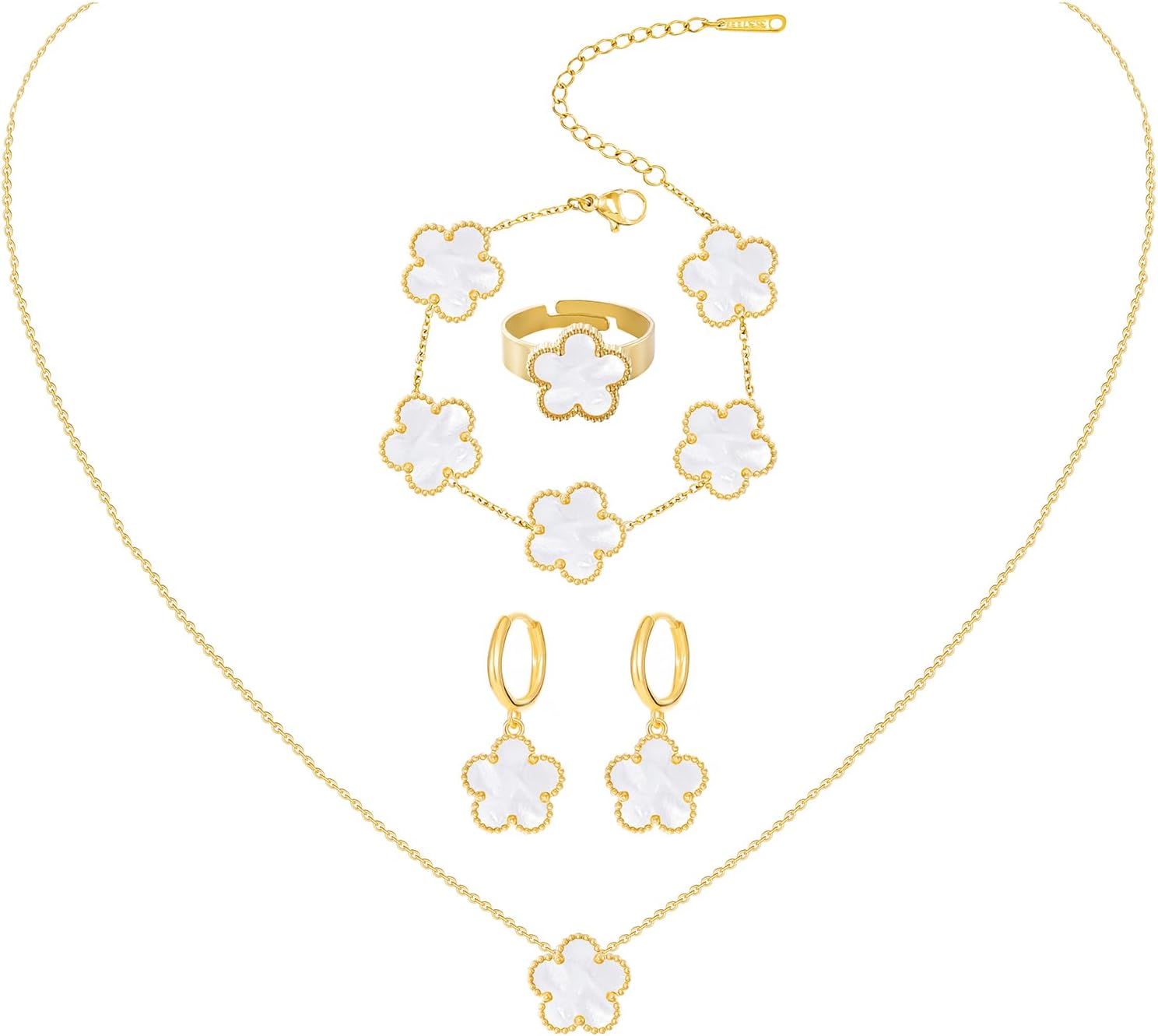 Gold Plated Stainless Steel Four Leaf Clover Bracelet Necklace Ring and Earrings Jewelry Set for Women
