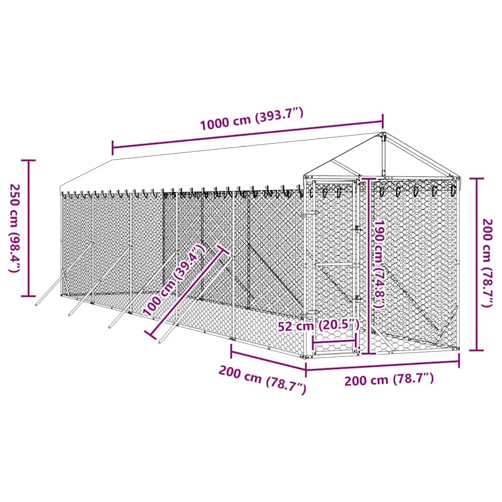 Perrera para perros con techo de acero galvanizado plateado, 2 x 10 x 2,5 m, resistente a la intemperie, plegable, con puerta con cierre, ideal para cachorros, jardín, camping, terraza y