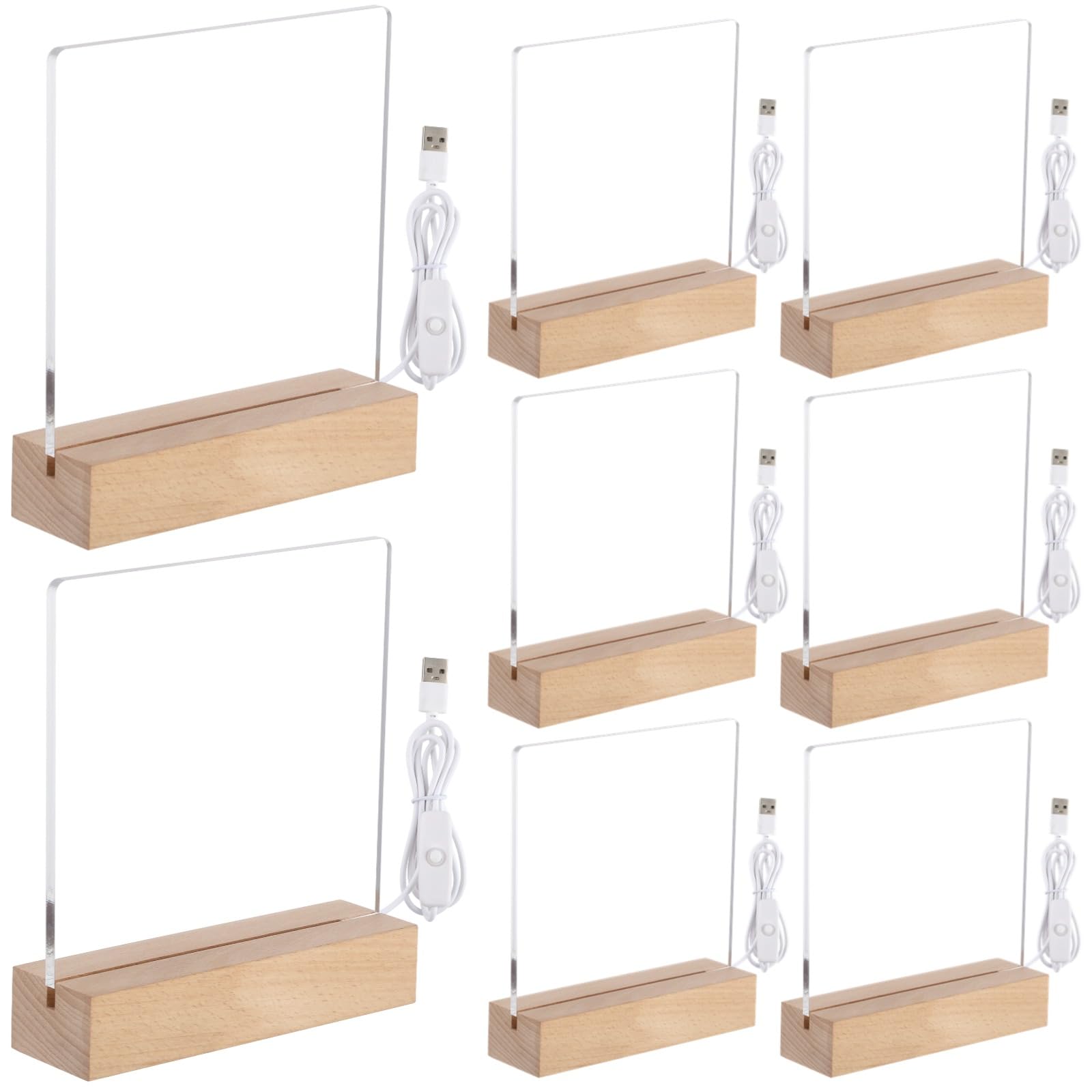 Lnrueg Wooden Acrylic Light Base and Blanks (8) - 7'' USB Cables, Transparent Night Lights