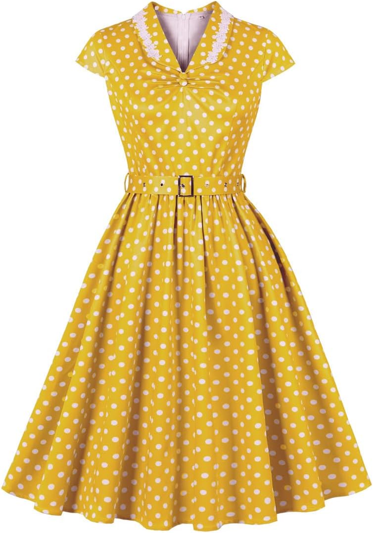 Wellwits Women's Floral Applique Collar Polka Dots Vintage Cocktail Dress