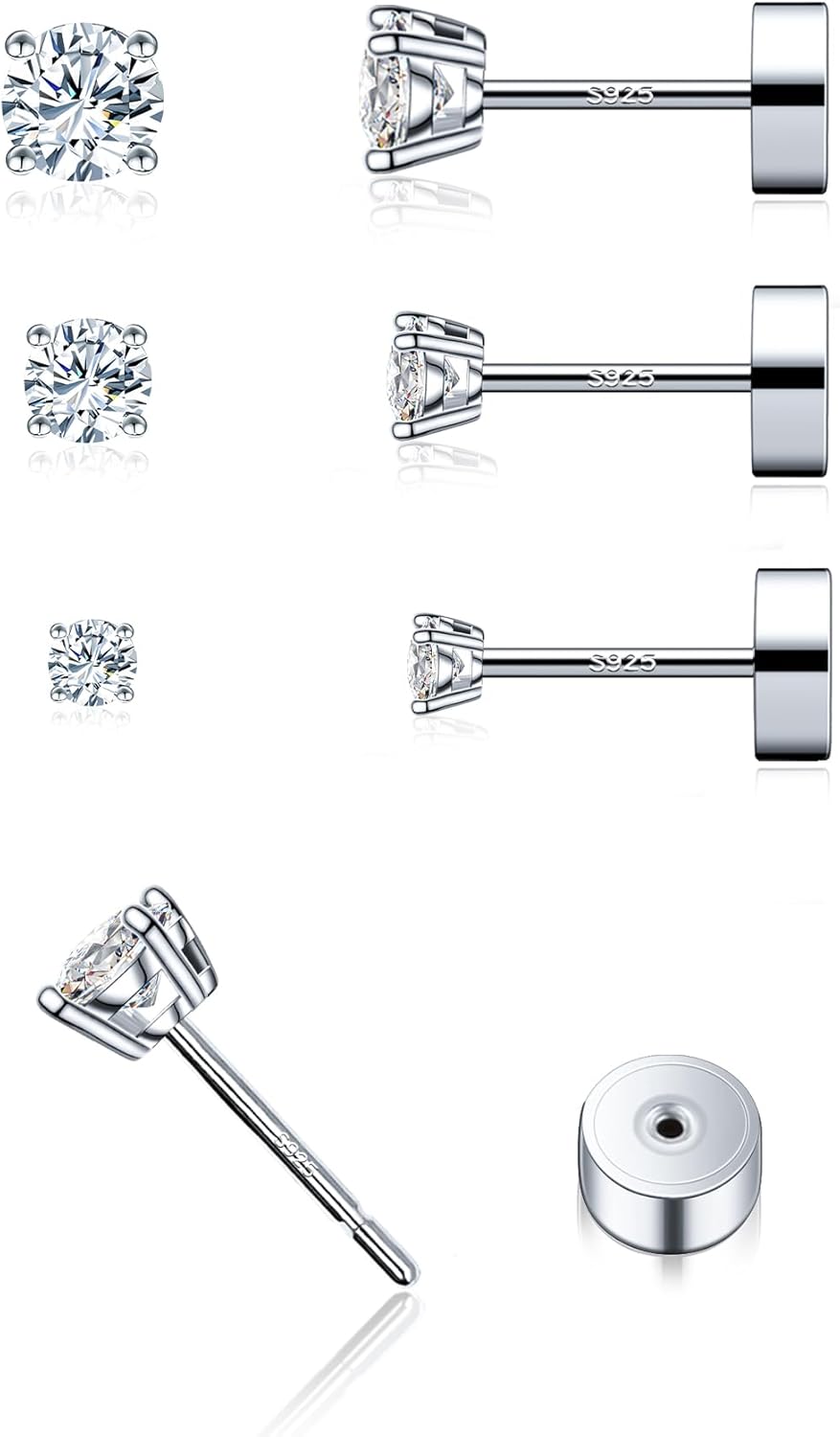 Product image of 3 Pairs Moissanite Flatback Stud Earrings for Women, 925 Sterling Silver Hypoallergenic Flat Back Cartilage Earrings Set, 18K White Gold Plated