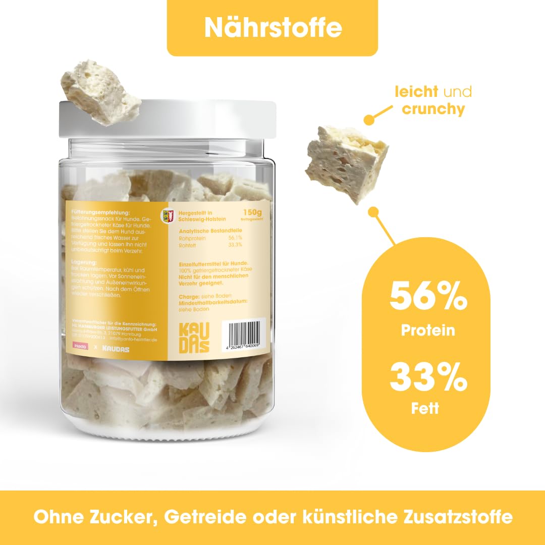 KäsePur Natursnack – 5 x 150g gefriergetrockneter Käse Leckerli Hund mit hohem Proteingehalt, 100% natürlicher Hundesnack aus je 326g Rohgewicht – ohne Zucker, Getreide & Zusatzstoffe
