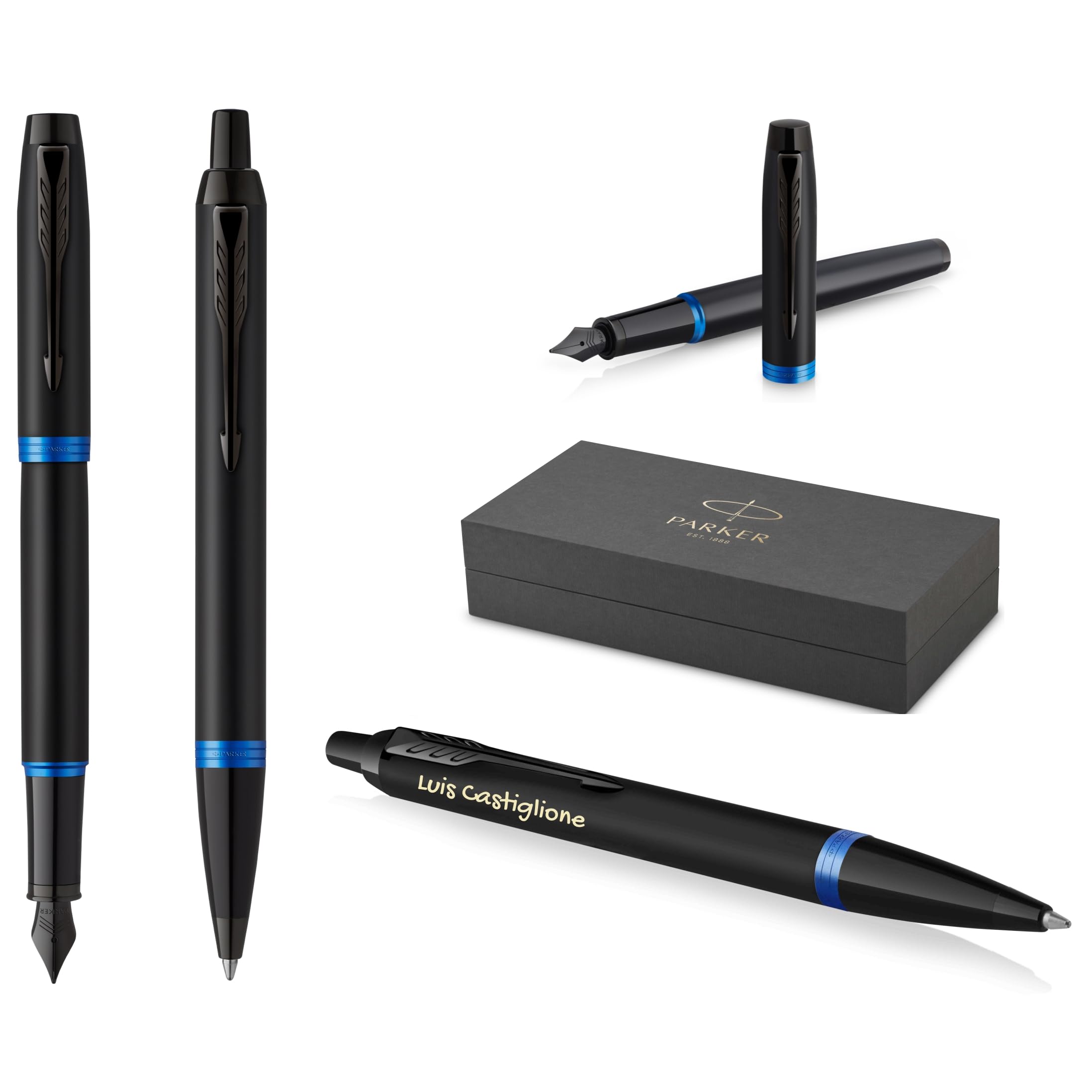 PARKER IM Professionals Vibrant Rings Set Füllfederhalter und Kugelschreiber mit Gravur | Premium Stift | Geschenkbox | personalisiertes Geschenk | Namen | Geburtstag (Blue PVD)