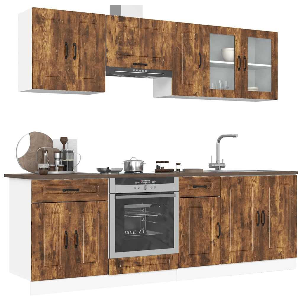 Juego de 8 armarios de cocina de madera de roble ahumado Kalmar con muchos compartimentos para optimizar el espacio, armarios inferiores de cocina con patas ajustables que ofrecen un práctico
