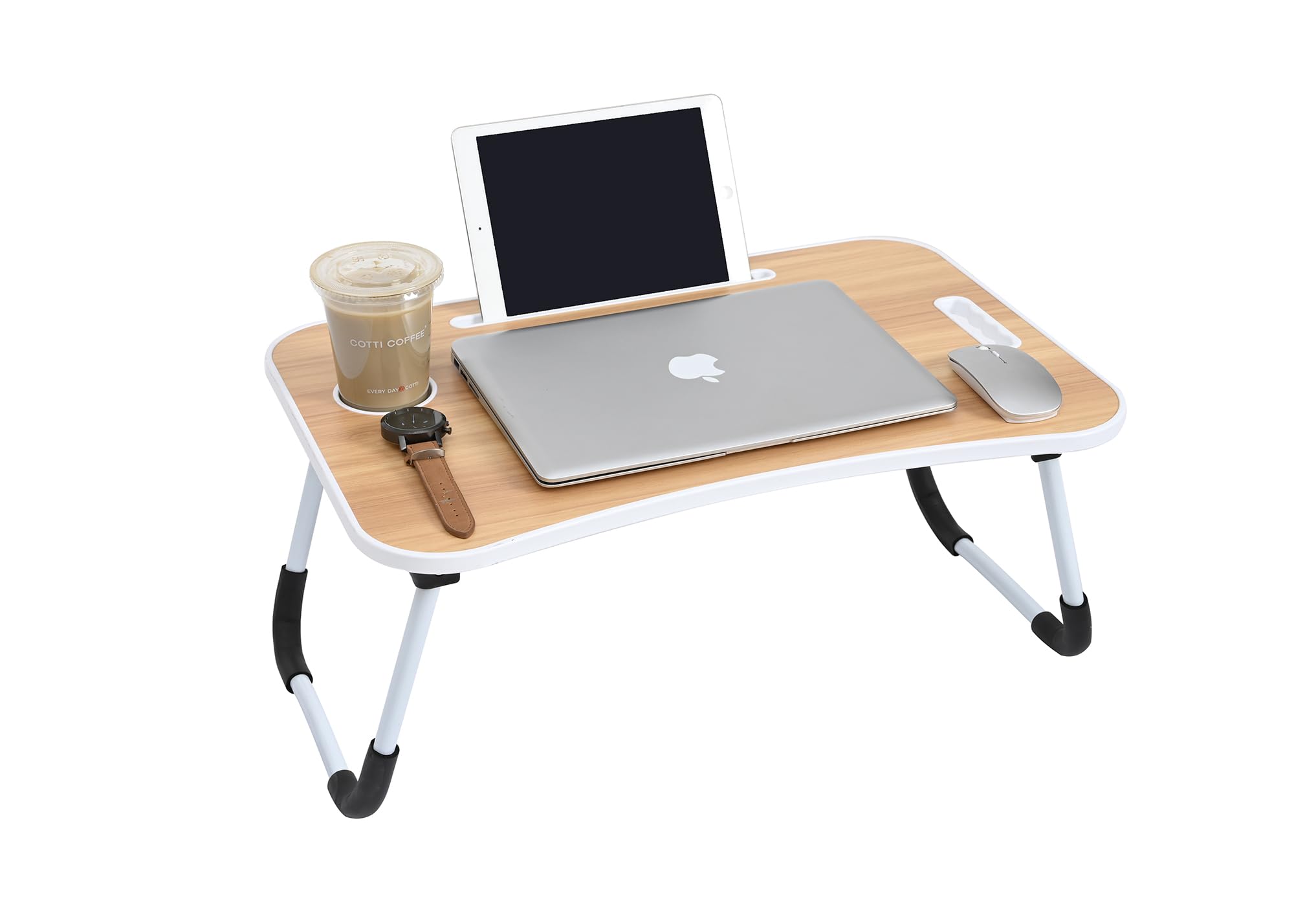 Cmy Wood Laptop Bed Table,Notebook Table Dorm Desk,Portable Lap Desk,Notebook Table Dorm Desk With Foldable Legs & Cup Slot,For Eating Breakfast,Reading,Watching Movie On Bed/Sofa(60 X 40Cm) (Wood)