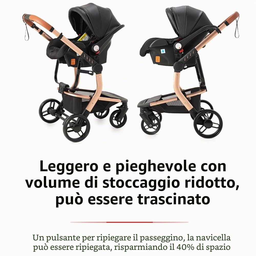 Trio Passeggino Pieghevole, Altezza Regolabile, Vista Panoramica, Bianco | Design innovativo, solido e sicuro. Include borsa mamma e marsupio inclusi nel set