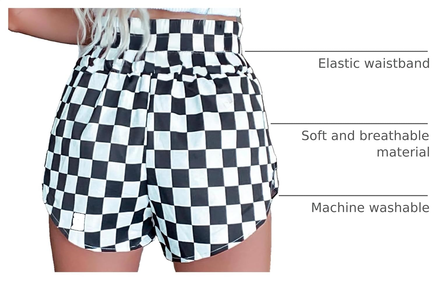 Women's High Waisted Checkered Shorts - Black, Regular, High Rise, Loose Fit, Gym/Running/Yoga, Checkered Pattern image 4