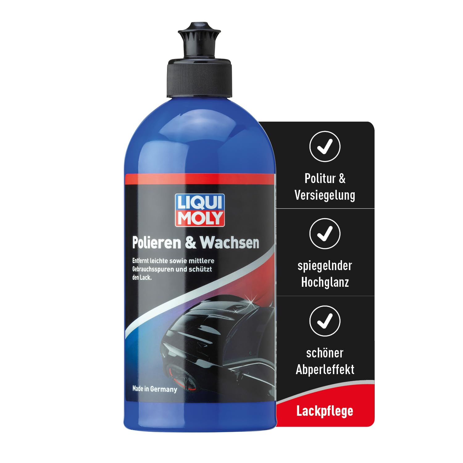 LIQUI MOLY Autopolitur Polieren & Wachsen, Art.-Nr. 21761 I 500 ml Autowachs zur Politur & Auto Versiegelung I 2-in-1 Lackpolitur mit Langzeitschutz & Abperleffekt I Für Glanz & Farbtiefe