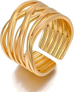 خاتم عريض جديد للنساء ، خواتم دائرية متعددة الطبقات من الستانلس ستيل بلون ذهبي مجوهرات مفتوحة هدية زفاف