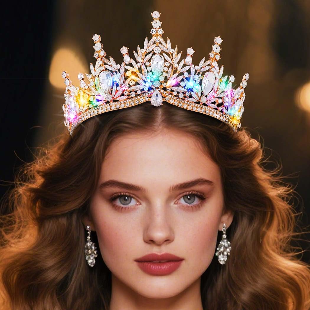 Yean Light Up Rhinestone Crown Gold Baroque Tiara Bridal Hair Accessories for Women (Gold, One Size)