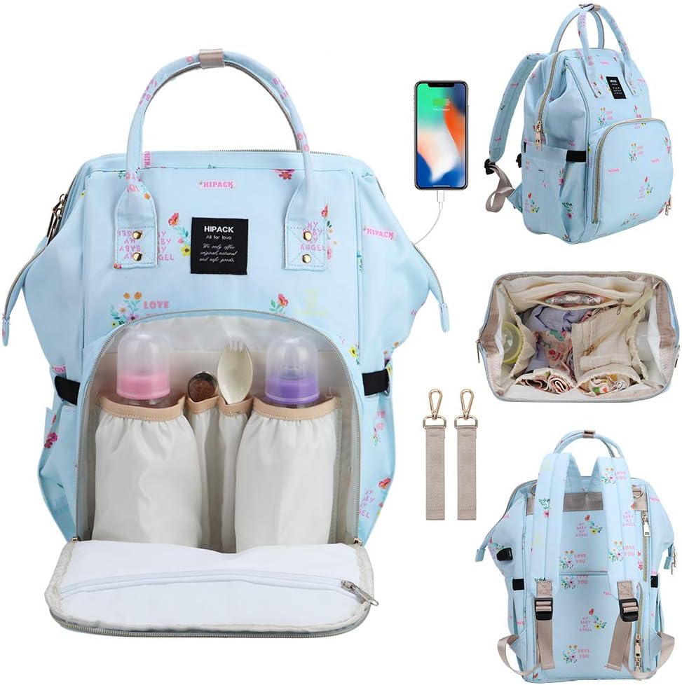 Gvirtue Baby Diaper Backpack, Mommy Backpack with USB Charging Port, Stroller Straps, Large Capacity, Multi-Functional Waterproof and Travel Backpack for Mom and Dad-Blue