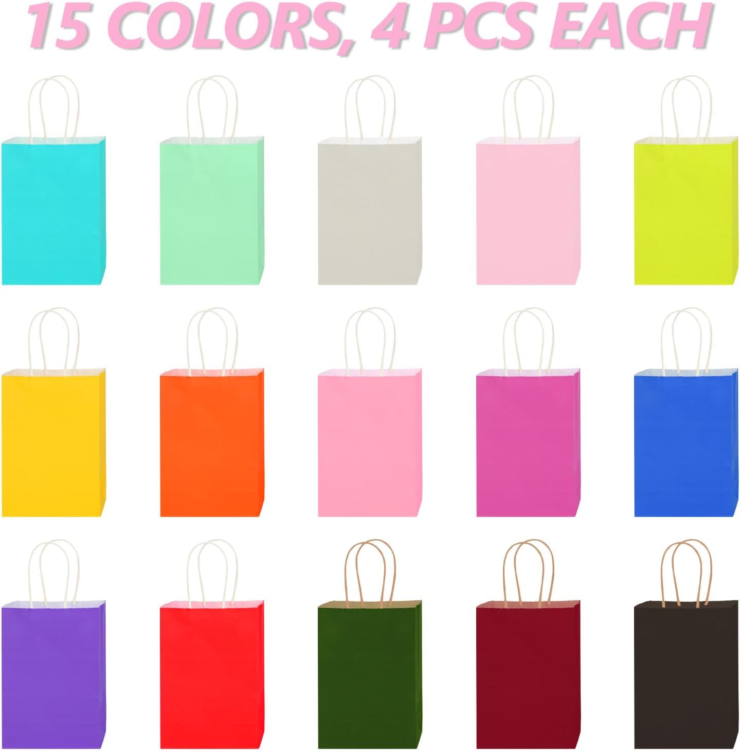 MITINU 60PCS Paper Gift Bags, 5.8"x3.2"x8.25" Party Favor Bags Bulk Rainbow Goodie Small Gift Bags with Handles for Kids Birthday Baby Shower Crafts Wedding Party Supplies (15 Colors) - Image 3