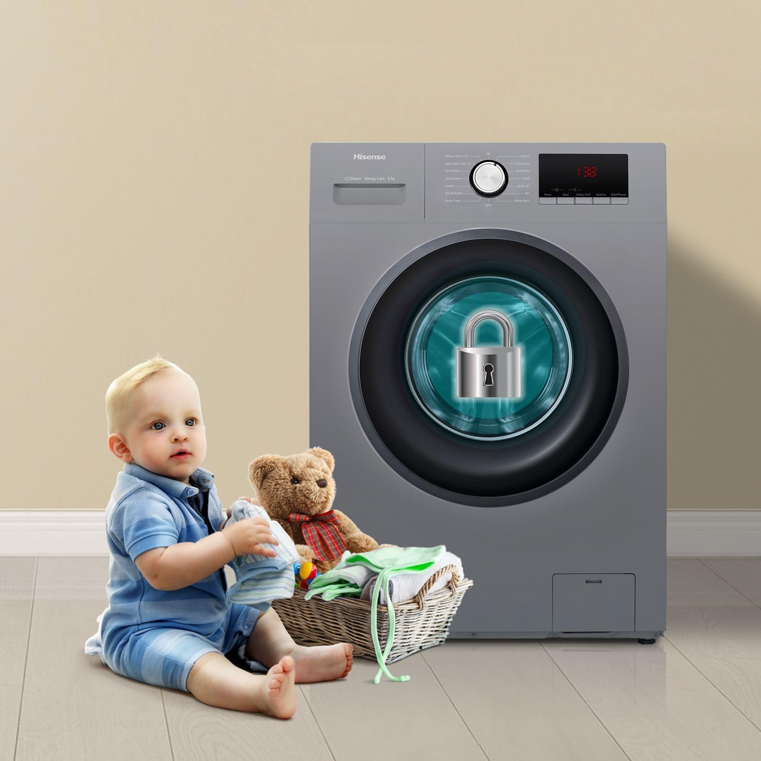 Hisense WFQP9012VMT 9kg Front Loader Washing Machine with a graphic indicating the child lock feature, next to a baby playing.