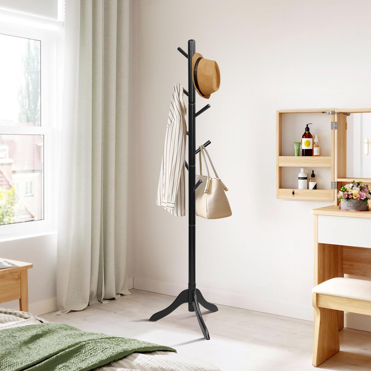 COSTWAY Attaccapanni in Legno, Attaccapanni da Terra con 8 Ganci Regolabili in Altezza, Albero Porta Abiti per Camera da Letto Soggiorno Ingresso e Ufficio, Carico 56 kg (Nero)