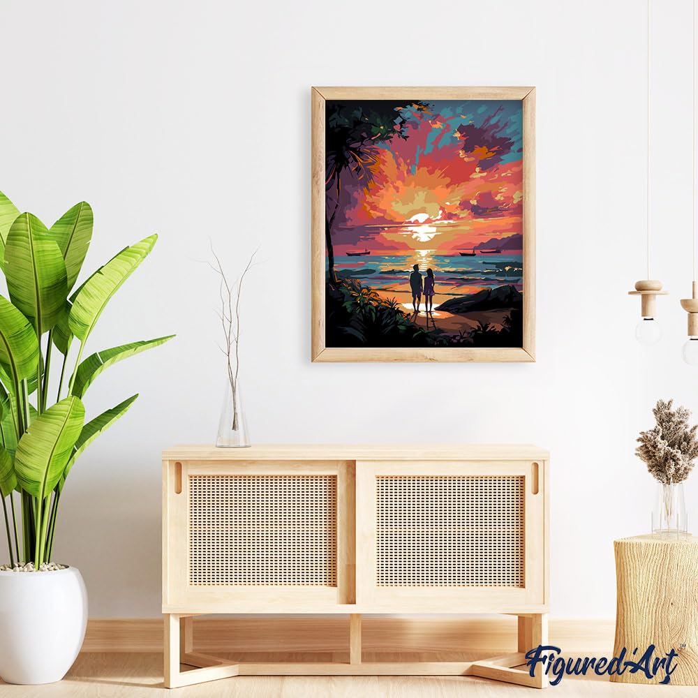 Figured'Art Dipingere con i Numeri con Telaio - Paint by Numbers Coppia al Tramonto, Passatempo per Adulti, Kit Completo, Hobby Creativi - Quadri fai da te 40x50cm Tela Già Incorniciata