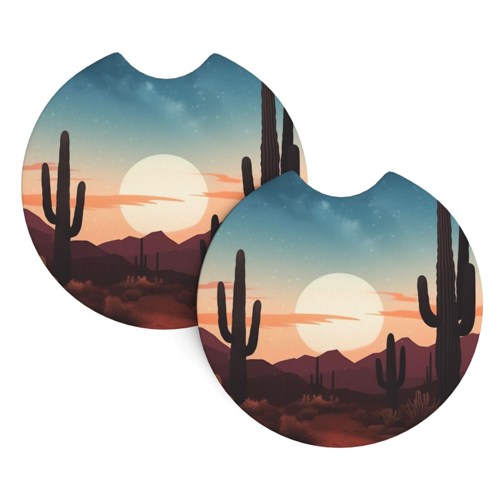 2PCS Car Coaster for Cup Holders Universal Auto Cup Mat Desert with Cactus Cup Coaster Pad 2.7" Waterproof Neoprene Non-Slip Cup Holder Coasters Car Interior Accessories for Women Men