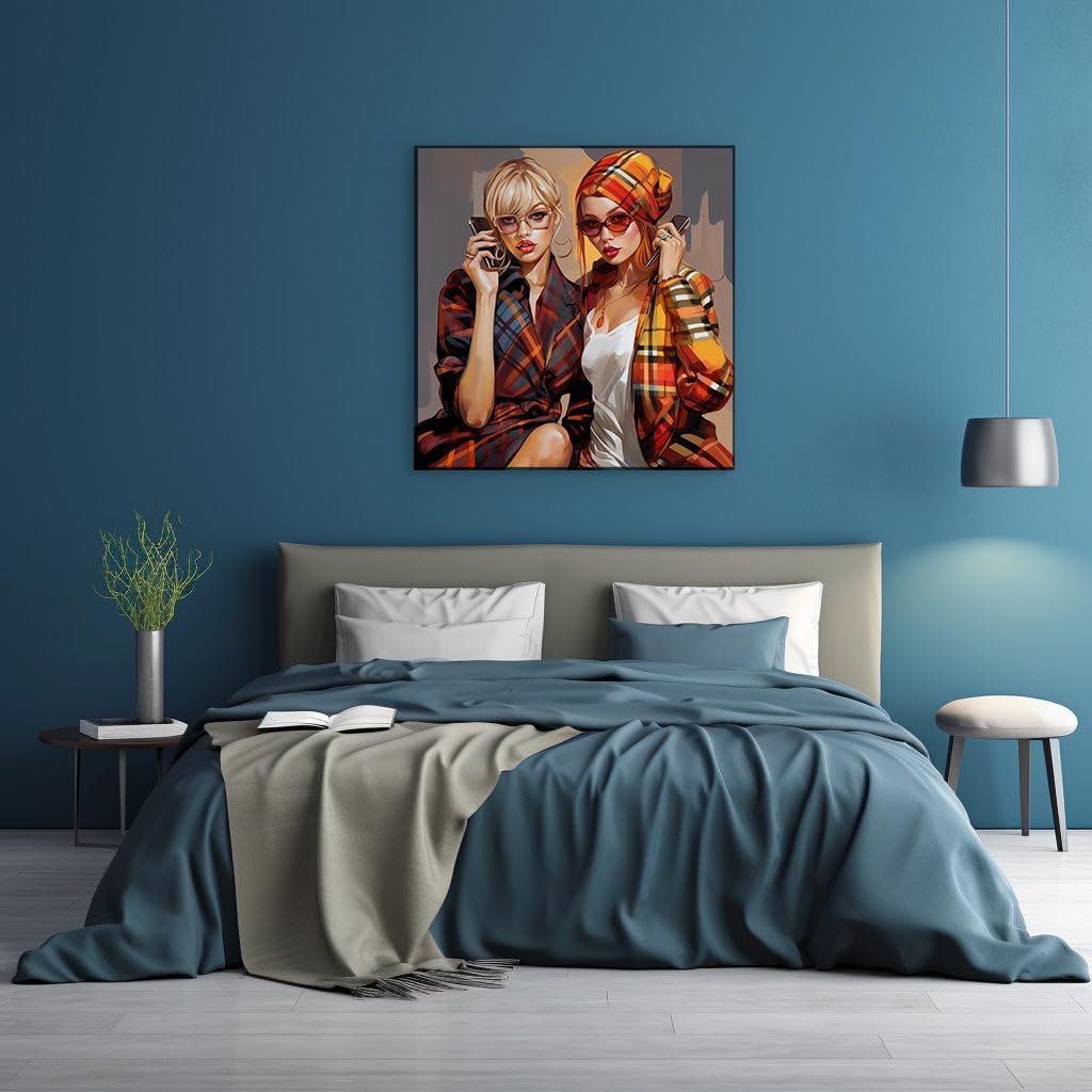Canvas for Living room. Autumn Chic: Trendsetting Duo in Sunglasses and Plaid, 27 x 18 inch Canvas Wall Art - Modern Home Decor - 69x46 cm (27x18 inch)