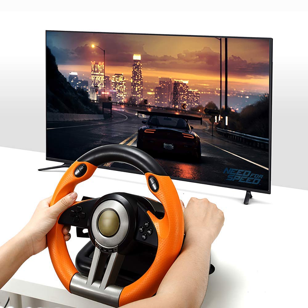 RajoNN Volante de Carreras para PC, Volante Universal de Carrera con simulación de Coche USB de 180 Grados con Pedales