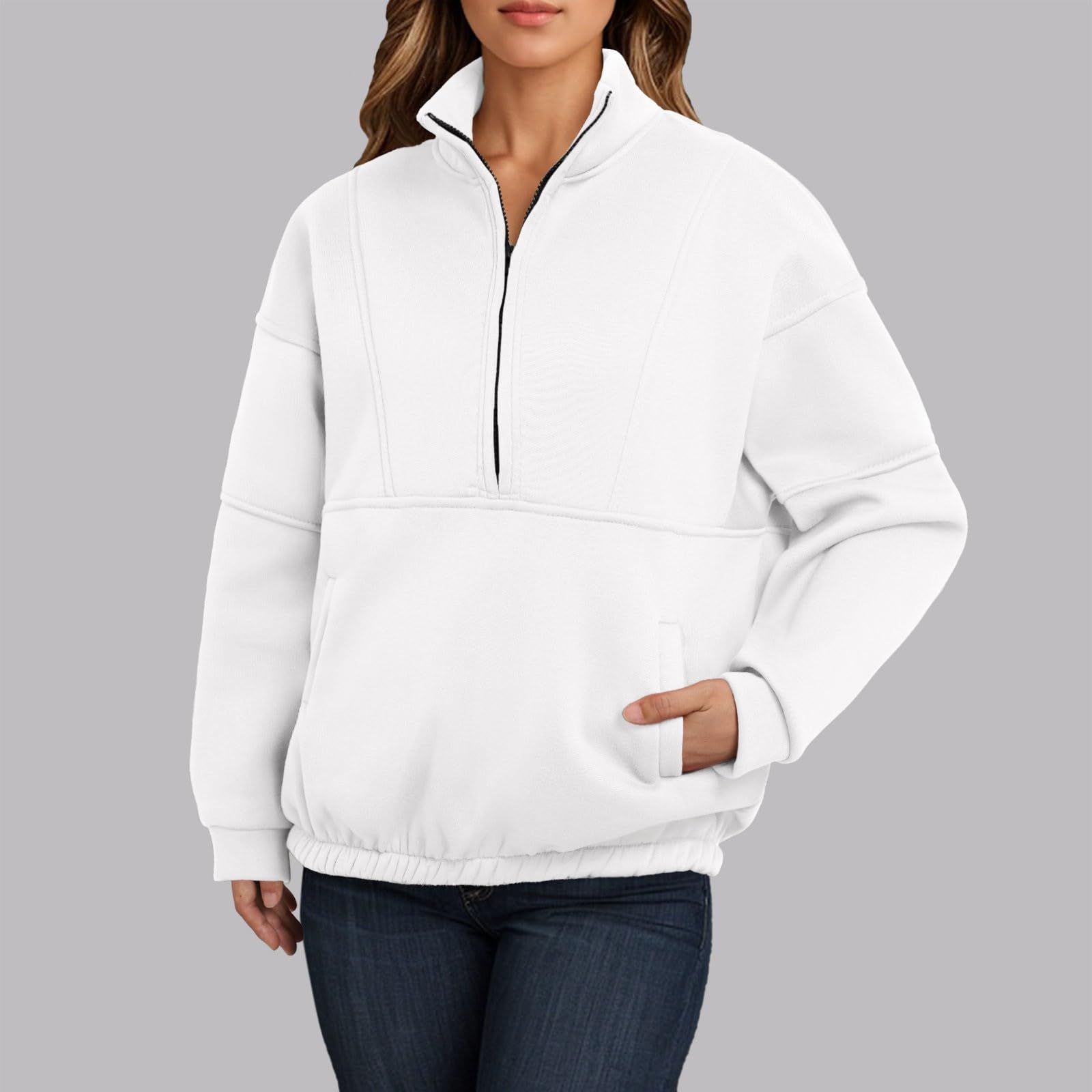 Sudaderas de moda con media cremallera para mujer, casual, Y2K, invierno, otoño, cuello alto, manga larga, trajes de moda 2024, personalizables, lindas y suaves, blanco, XXL