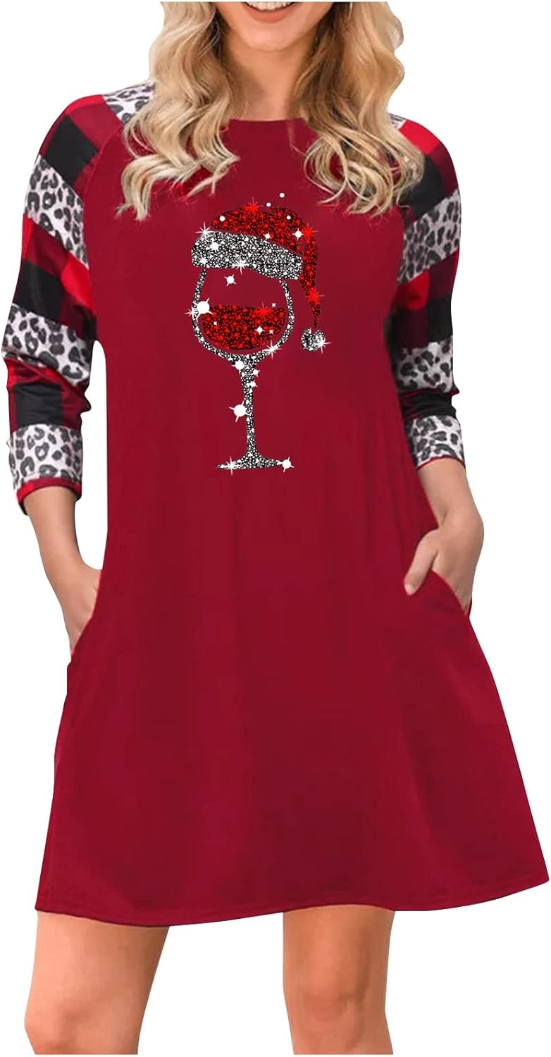 JJHAEVDY Women's Christmas Print Long Sleeve Lace Hem T-Shirt Loose Dress Plus Size Swing Dress : Sports & Outdoors