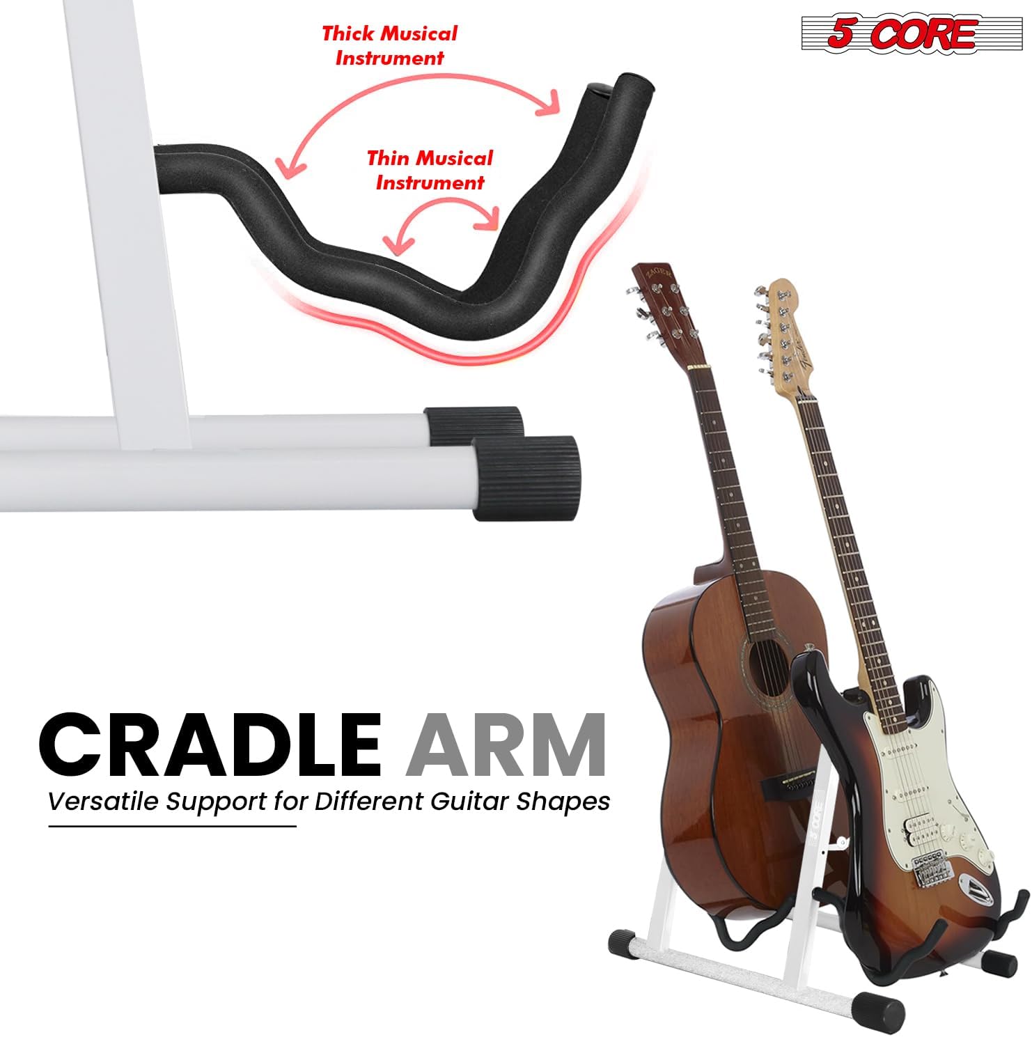 5 CORE Double Guitar Stand A Frame Shape w Soft Foam Arms Non Slip Rubber Supports Acoustic Electric Bass Ukulele Banjo White - GSS 2N1 WH