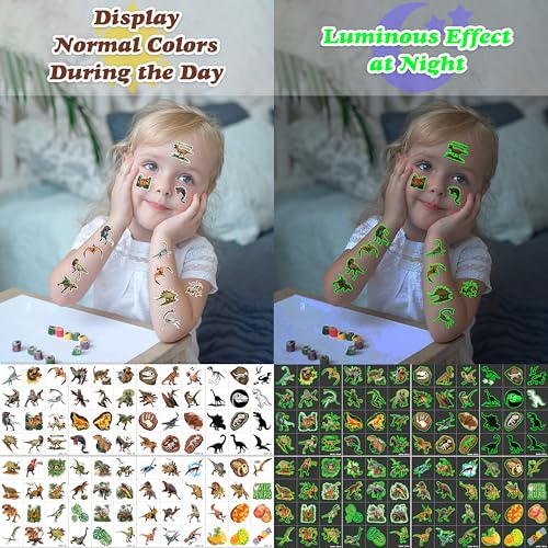 Image of 96 PCS Dinosaur 3D Pre-Cut Luminous Glow in the dark Temporary Tattoos | Super Cute Themed Birthday Party Favors, Supplies, Decorations, Funny Jungle Fake Tattoo, Gifts for Boys Girls