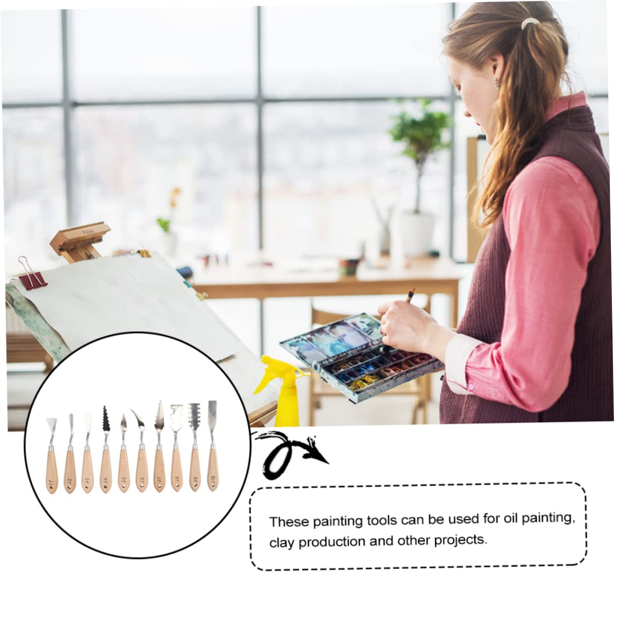 Operitacx 10-piece Oil Paint Scrapers Stainless Steel Cutters Paint Tray Tools Professional Art Painting Spatulas Set