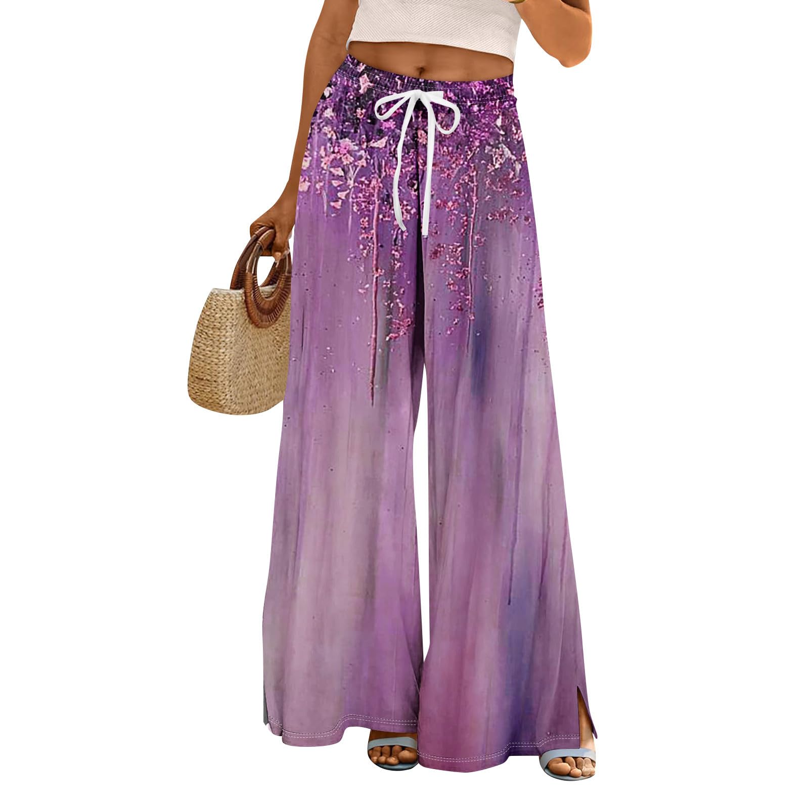 FlekmanArt Summer Pants for Women High Waisted Summer Trousers Wide Leg Boho Lounge Pants Petite Beach Vacation Palazzo