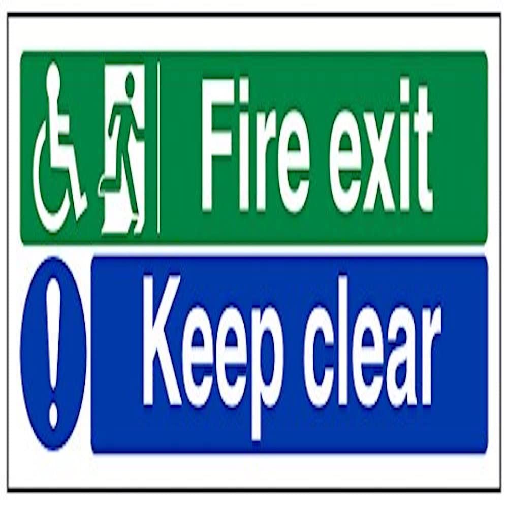 VSafety Wheel Chair Fire Exit/Keep Clear Sign - Landscape - 300mm x 100mm - 1mm Rigid Plastic