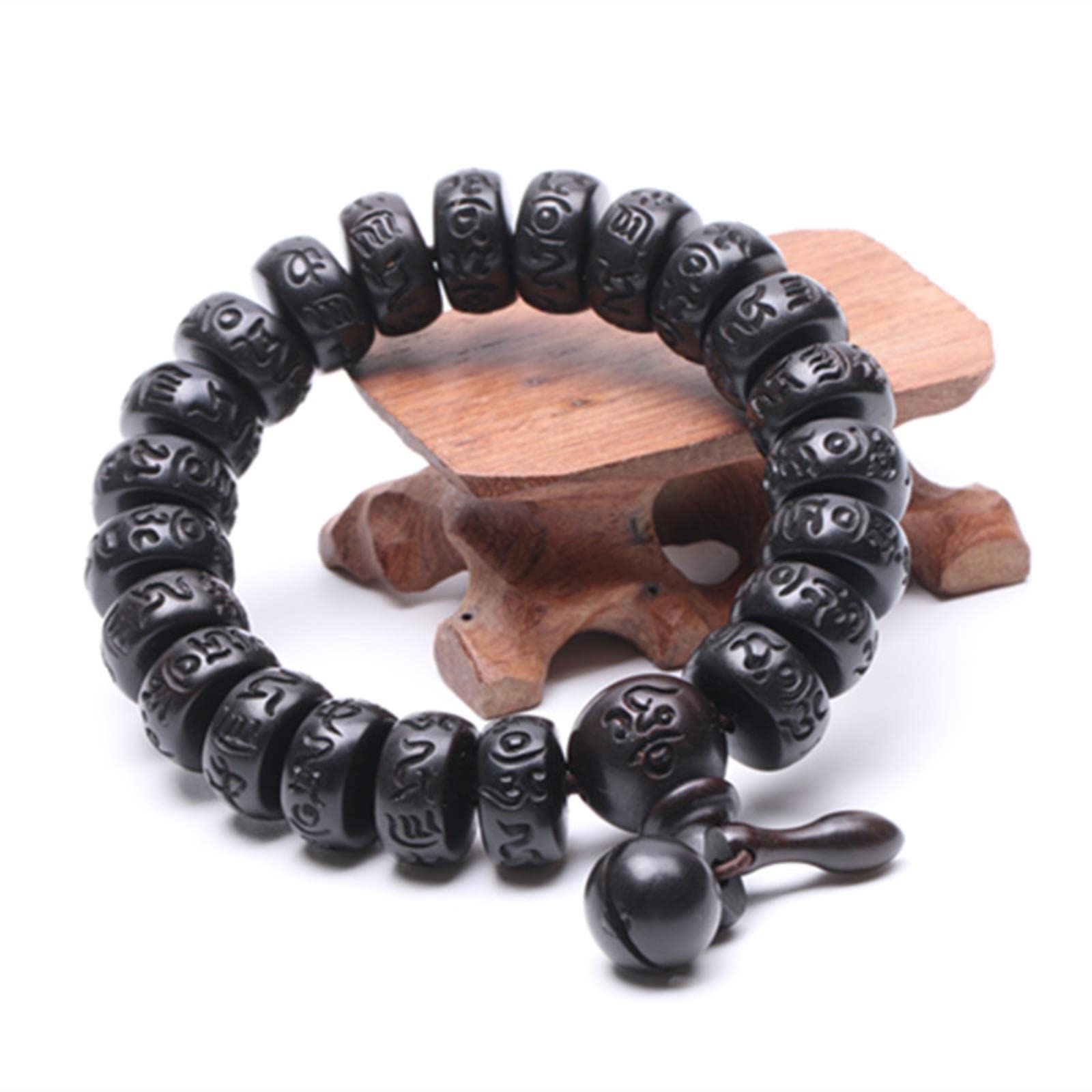 Pezzo di Bracciale con Perline in Vero Legno di Pesca Intagliato a Mano, Braccialetti Buddha per Uomo e Donna, con Perline Piatte da 15 mm