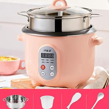 Household Rice Cooker, Multi-functional Electric Rice Cooker, Porridge, Soup, Steamer, Heat Retention Function, Timer Included, Home Dormitory 0.6 gal 2 L with Steamer Color Pink