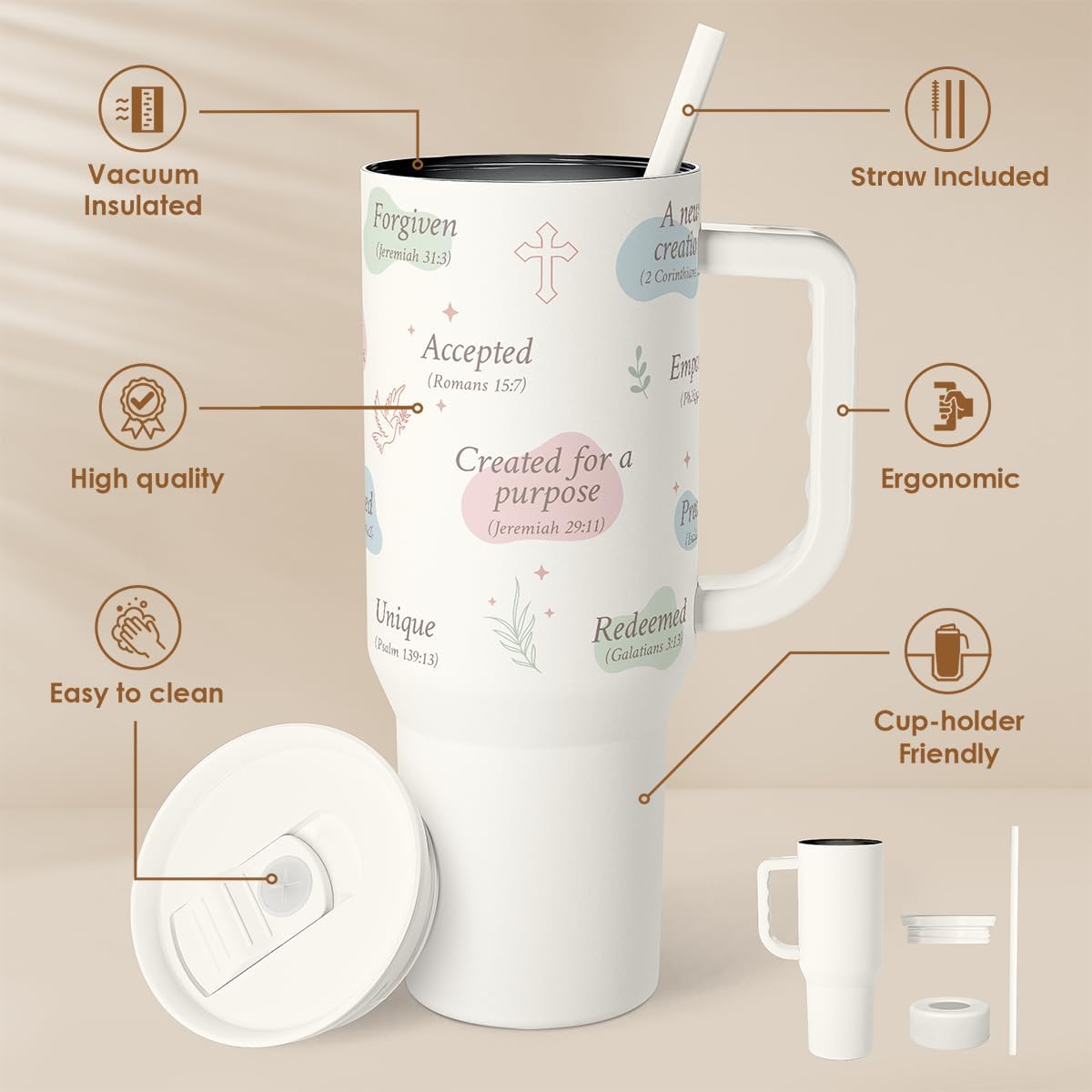 SANDJEST Christian Gift for Women – Inspiration Insulated Stainless Steel Tumbler with Handle and Straw - Religious Gifts for Birthday Christmas, 40oz - Image 2