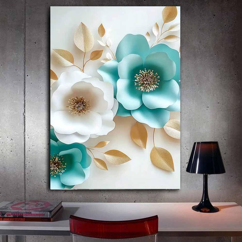 QUSAAOU Modernes Wohnzimmer Papierschnitt Türkise Blumen Leinwandbilder Eignen Sich Zur Dekoration Von Schlafzimmern,Wohnzimmern Und Badezimmern(Türkis)-70x100cm Gerahmt