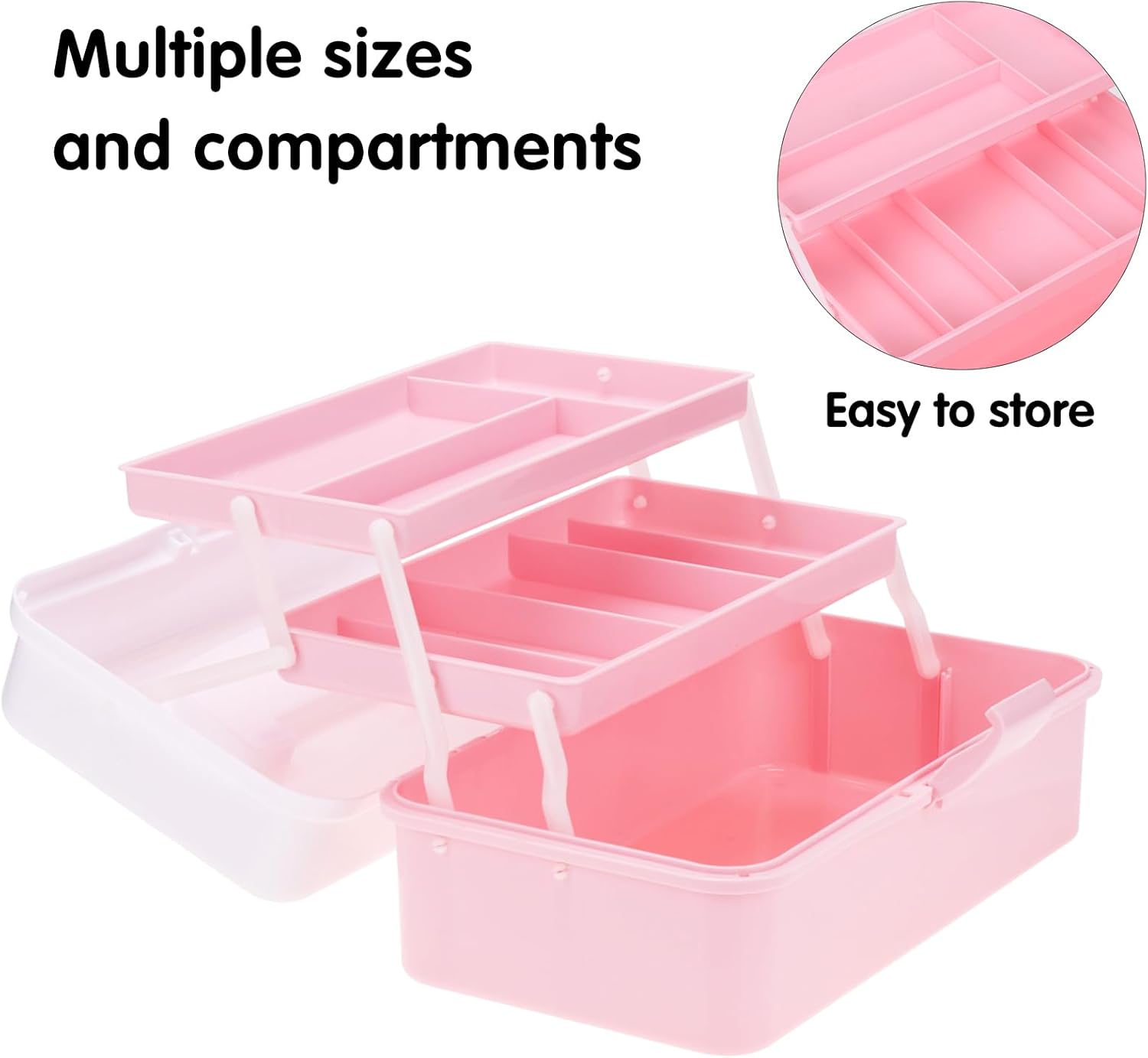 OUTUXED 12.5inch 3-Layer Multipurpose Craft Organizers, Portable Folding Toolbox, Plastic Tool Box with Handle for Sewing Supplies, Medicine, Art Supplies, Nails and Hair Accessories(Dusty Pink) - Image 4