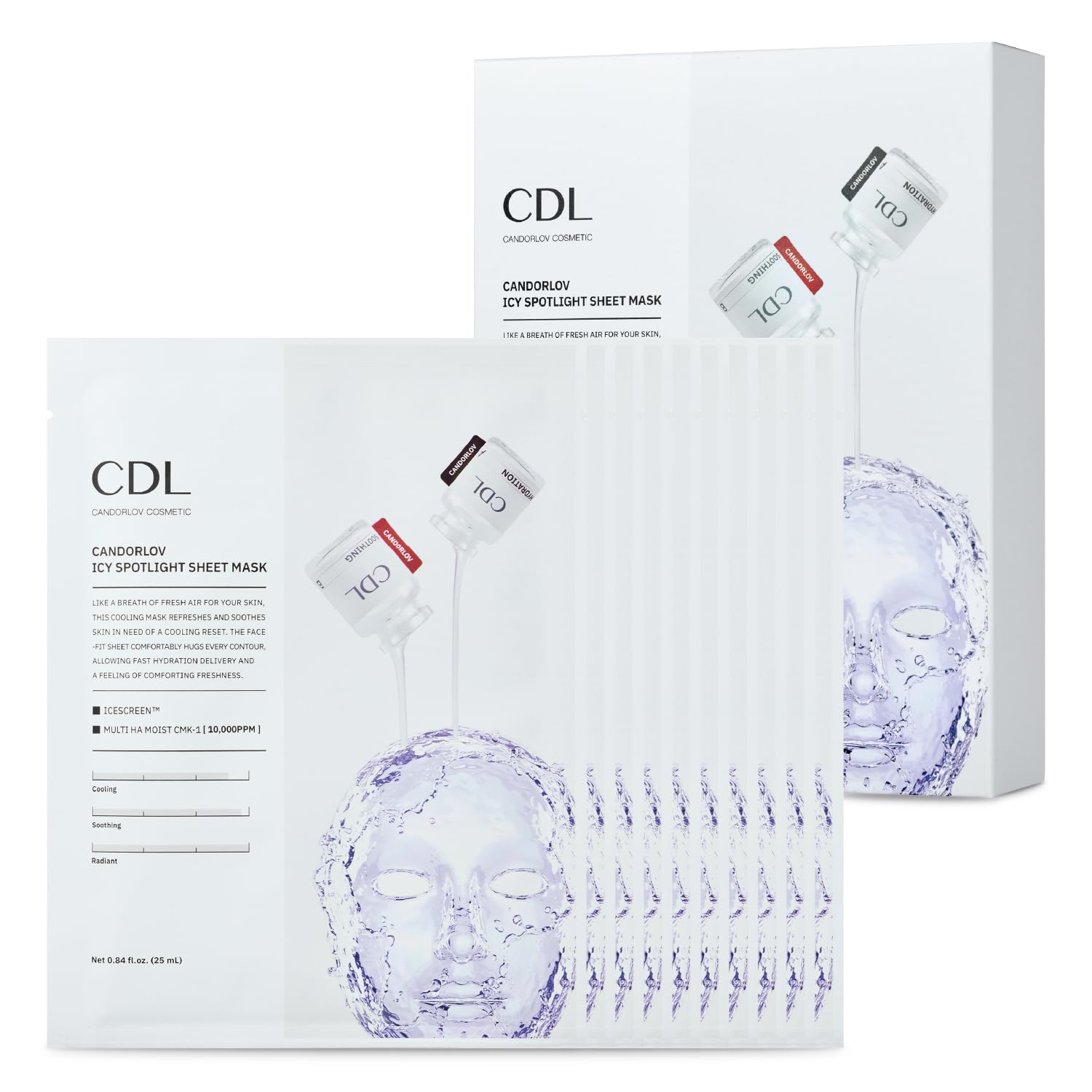 CANDORLOV CDL Collagen Face Mask Korean Sheet Mask - Brightening & Cooling Facial Mask for Dark Spots & Dull Skin, Hydrating Face Mask Skin Care with Glacier Water & Hyaluronic Acid, 10 Sheets