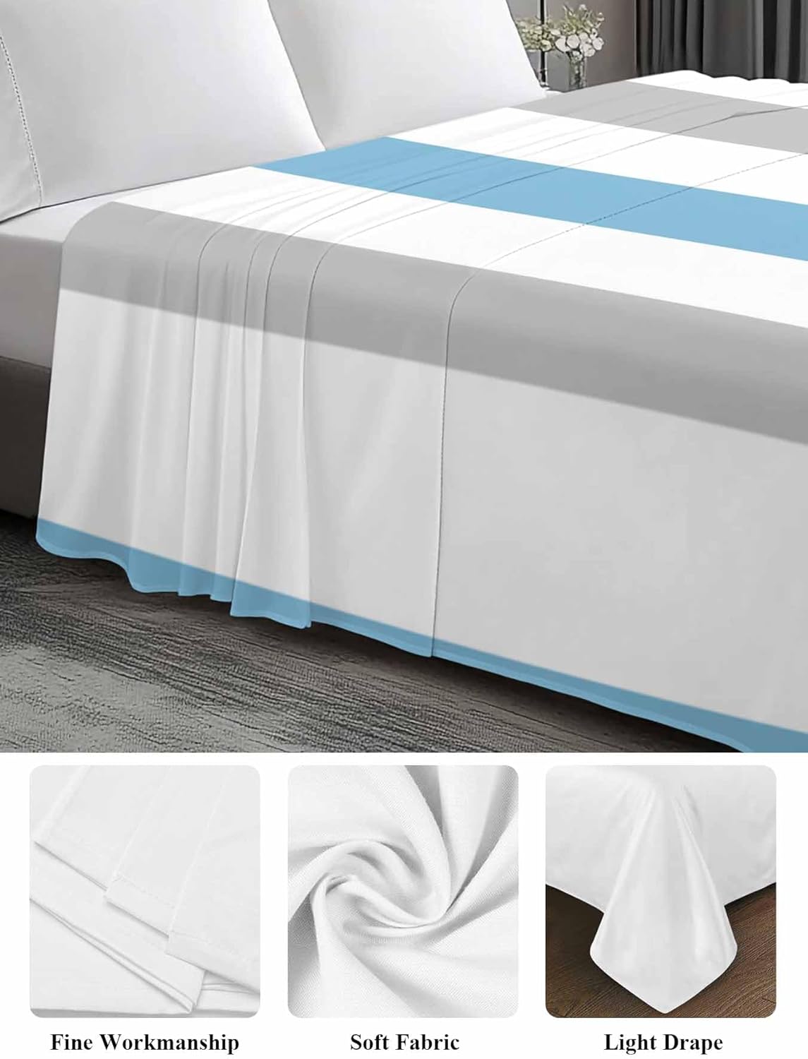 Top Sheet Full Bedding Flat Sheet Only, Abstract Blue Gray Striped Microfiber Bed Sheets Soft Breathable Bedding Flat Sheets, Modern Minimalist Art Hotel Luxury Top Sheets