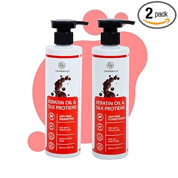 Careberry Keratin Oil & Silk Proteins Anti Frizz Shampoo + Conditioner Combo, For Dry & Frizzy Hair, Ayush Certified Ayurvedic, Sulphate & Paraben Free 300*2ml