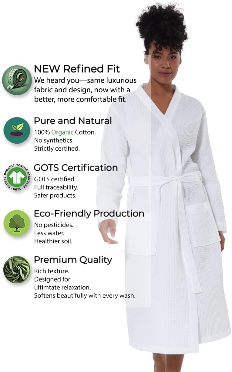 SEYANTE Women's Organic Cotton Waffle Kimono, Hooded Robe – GOTS Certified Lightweight Full-Length Spa Bathrobe with Piping - Image 2