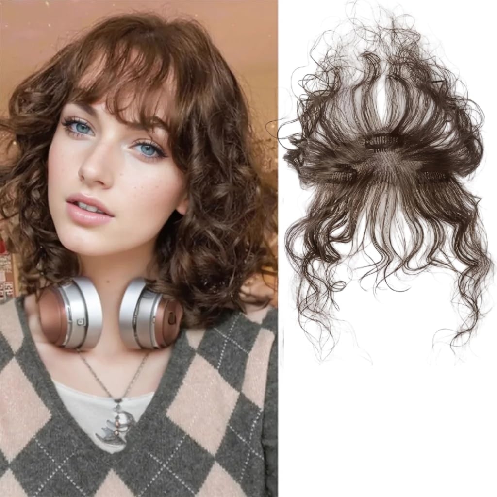 Curly Human Hair Topper for Women Clip in Wavy Hairpiece with Air Bangs Breathable Real Hair Wiglet for Thinning Top (5 * 12cm Dark Brown Curly Air Bangs)