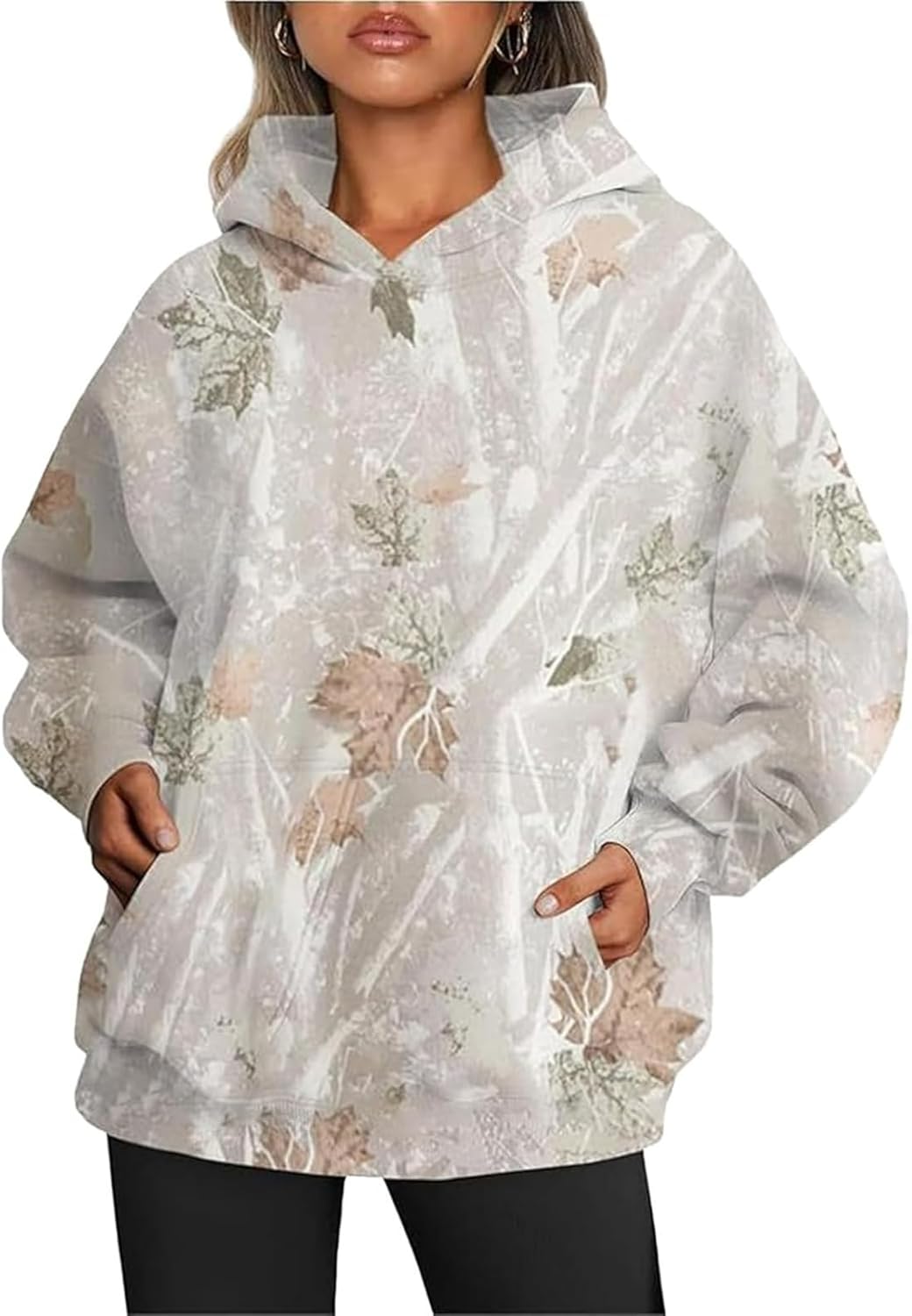 Womens Camo Hoodies Maple Leaf Print Oversized Hooded Camo Sweatshirt,Maple Leaf Print Pullover Tops with Pocket - Image 2