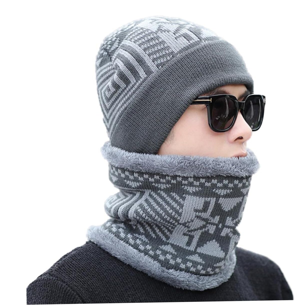 WOFASHPURET Warm Knitted Scarf Hat Set Men's Winter Beanie Neck Gaiter Full Coverage for Cold Weather Grey