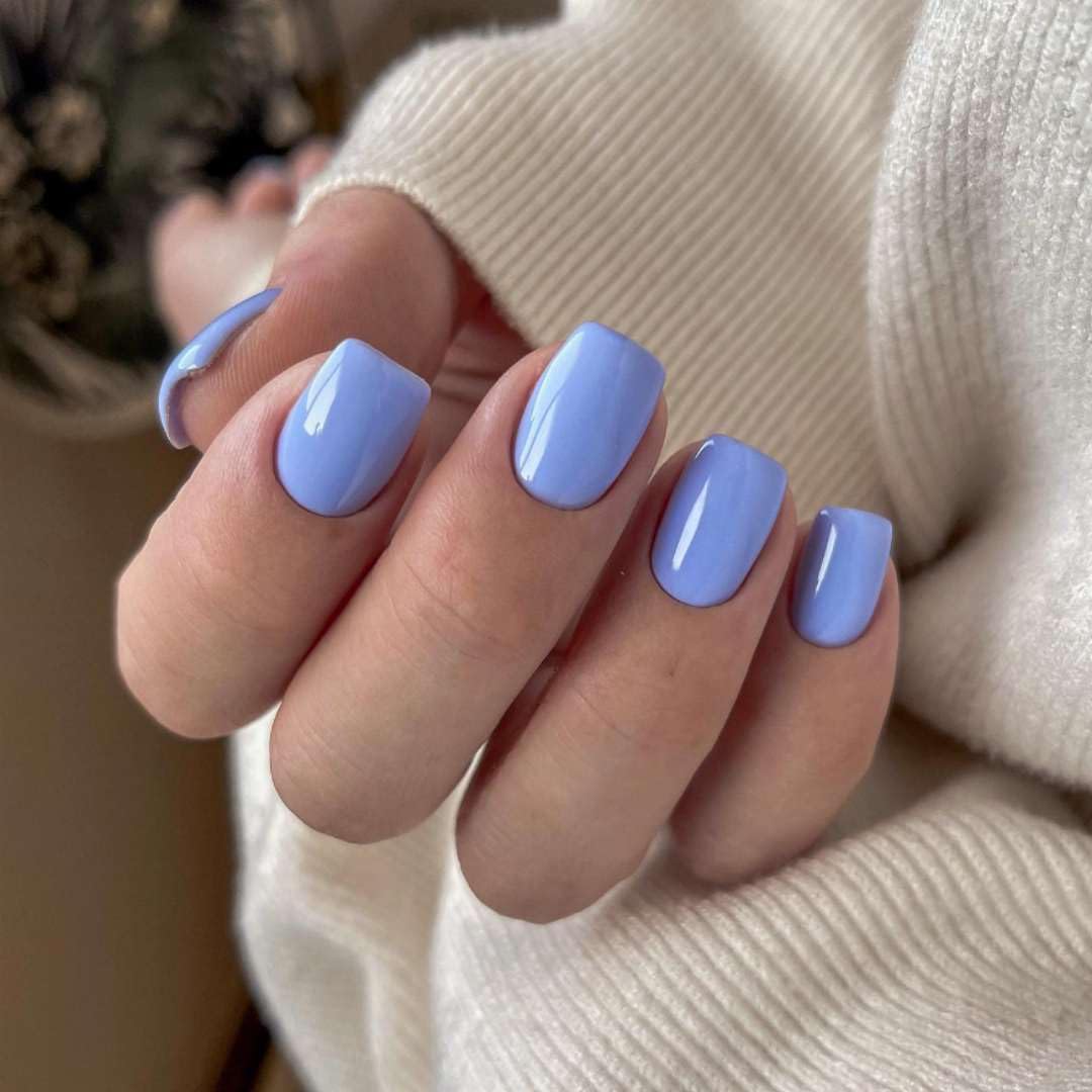 SXVME Blue Press on Nails Short Square Acrylic Short False Nails Coffin Natural Acrylic Fake Nails Set Elegant Solid Color Full Cover Glossy Gel Stick on Nail for Women Daily Wear 24 Pcs
