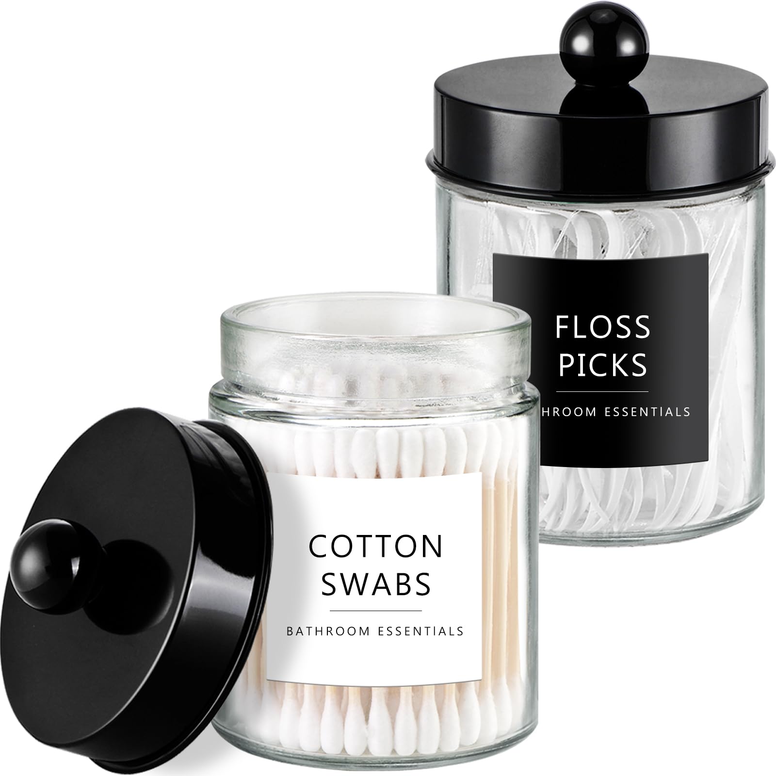 Amolliar 2 Pack Qtips Dispenser Holder - Bathroom Countertop Storage Organizer Containers - Glass Apothecary Jars with Black
