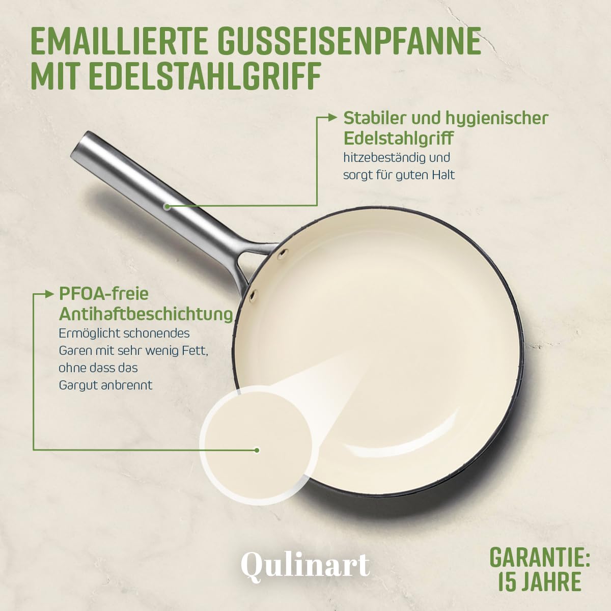 Qulinart Emaillierte Gusseisenpfanne mit Edelstahlgriff, extra antihaftbeschichtet, kratzfest, PFOA-frei – für alle Herdarten geeignet, inkl. Induktion, spülmaschinenfest – Dunkelgrau, Ø 24 cm