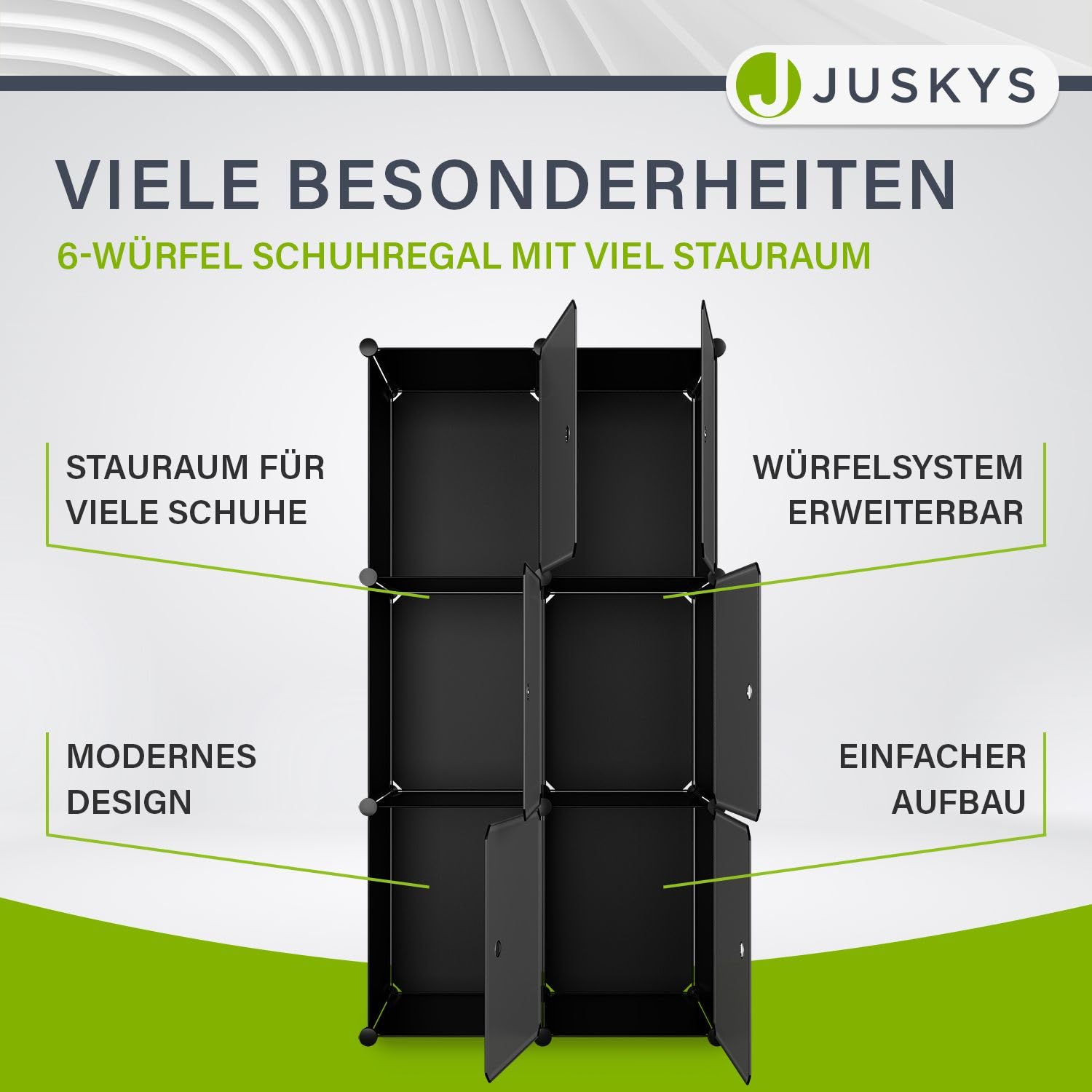 Juskys Schoenenkast met 12 dobbelstenen en deuren, kunststof kast voor maximaal 48 paar schoenen, gesloten rek, steekrek, schoenenrek, kubusrek, zwart