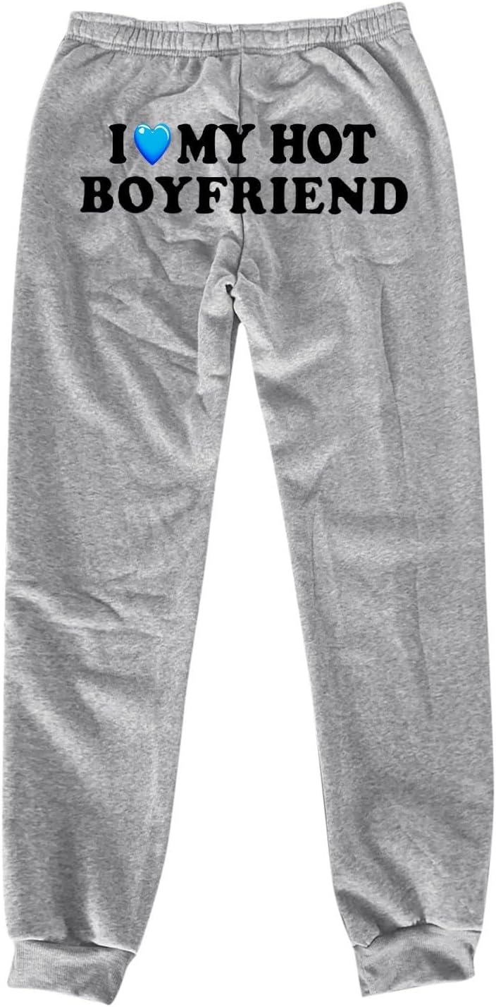 Womens Cinch Bottom Sweatpants Pockets I Love My HOT Boyfriend Letter Graphic Print Yoga Lounge Comfy Workout Jogging Pants