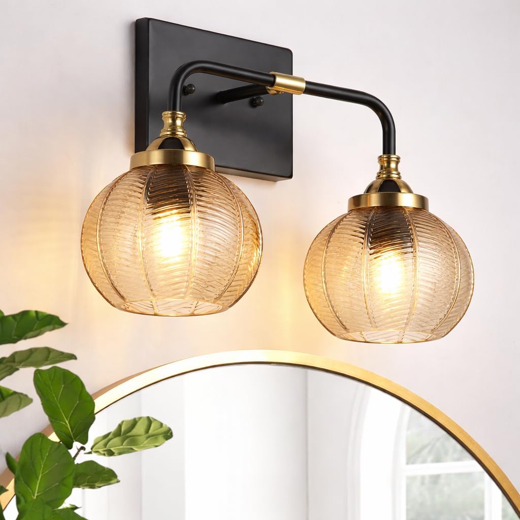 2 Light Bathroom Vanity Light, Modern Black & Gold Bathroom Light Fixtures Over Mirror with Amber Ribbed Glass Shades, Vintage Wall Sconce Lighting for Bedroom Hallway, E26 Base