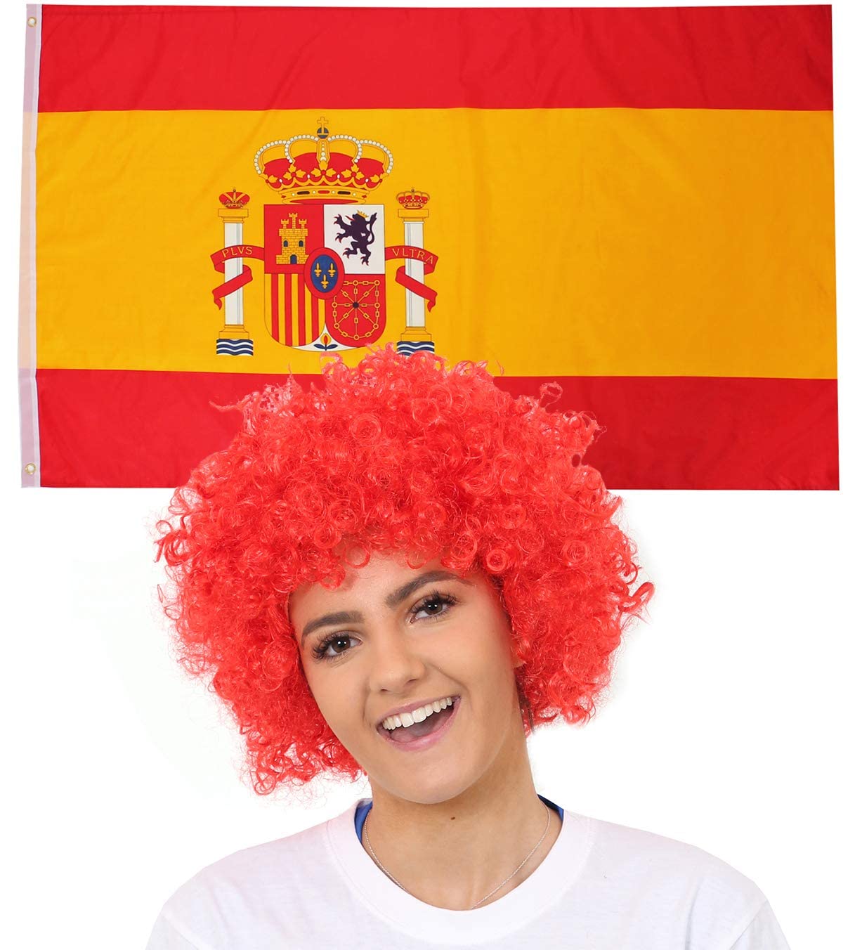SPANISH FLAG & AFRO WIG FANCY DRESS ACCESSORY SET. 3X5FT FLAG + RED AFRO WIG. LA TOMATINA SPAIN SUPPORTERS FLAG & WIG FANCY DRESS ACCESSORY SET FOOTBALL FLAG